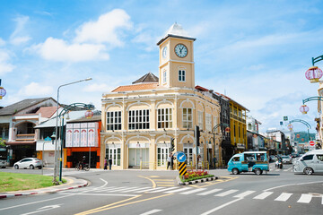 Travel landmark on summer trip famous location.Phuket old town Colorful buildings in Sino Portuguese style - obrazy, fototapety, plakaty