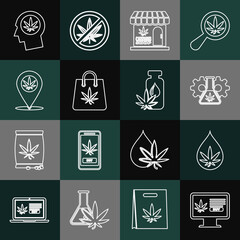 Set line Online buying marijuana, Marijuana or cannabis leaf oil, Test tube with, and store, Shopping bag of, Location, Head profile and icon. Vector