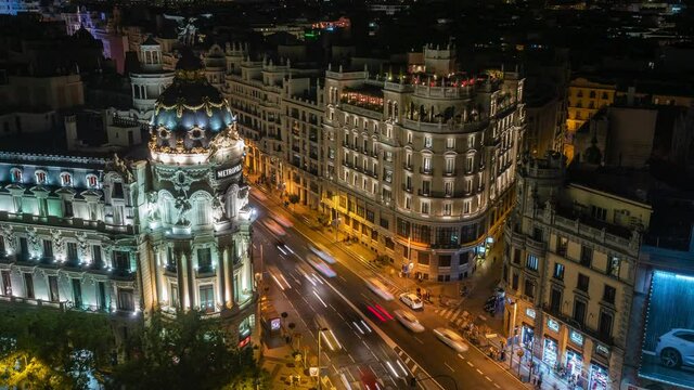 Time lapse view of architectural landmark Metropolis Building and night traffic on famous Gran Via street in central Madrid, Spain.
