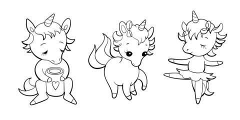 Fototapeta premium Set of cute unicorns in kawaii style. Cartoon pony sticker design. Vector emoji.