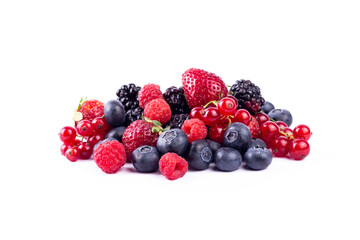 Ripe berries mixed assortment on white background. Summer berries sweet background.