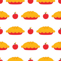 Vector seamless pattern background with sweet apple pies and apple fruits for food, cooking design.