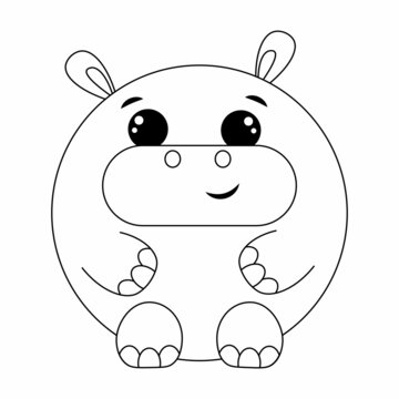 recommend clip art: Cute cartoon round Hippo. Draw illustration in black and white