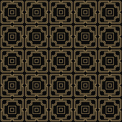 A seamless Art Deco pattern is depicted on a black background. Geometric gold seamless texture in the shape of a square in Art Deco style.