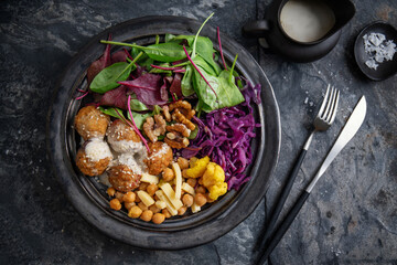 Tasty vegan salad with falafel and chickpea