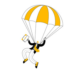 A man in a business suit and carrying a briefcase descends by parachute. Vector two-color illustration on the topic of dismissal with guaranteed compensation.
