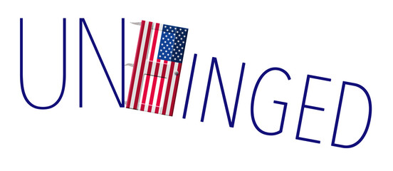 The word unhinged is displayed with a door that looks like the flag of the USA that has damaged hinges in this 3-d illustration.