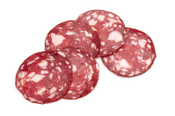 Salami smoked sausage, Traditional dry-cured Milano salami, isolated on white background.
