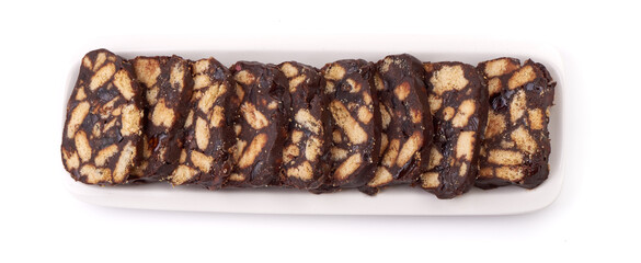 Chocolate Salami with Biscuit, isolated on white background.