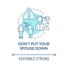 Dont put your spouse down turquoise concept icon. Relationship after divorce abstract idea thin line illustration. Isolated outline drawing. Editable stroke. Roboto-Medium, Myriad Pro-Bold fonts used