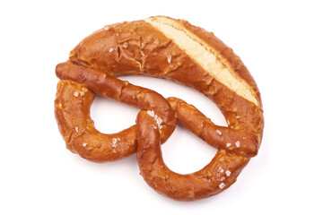 Freshly baked soft pretzel, isolated on white background.
