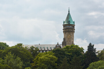 The cloudy sky over the tower of the Museum of the Central Bank of Luxembourg