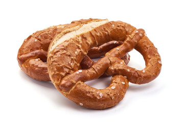 Freshly baked soft pretzel, isolated on white background.