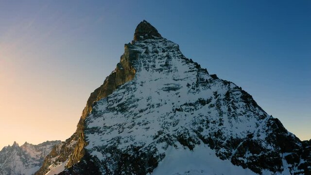 Aerial view of the Matterhorn in Switzerland on a sunny winter day.