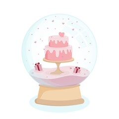 Fabulous glass ball with pink bunk wedding cake, gifts and flying small hearts over white background. Happy Valentines day greeting card. Vector flat illustration.