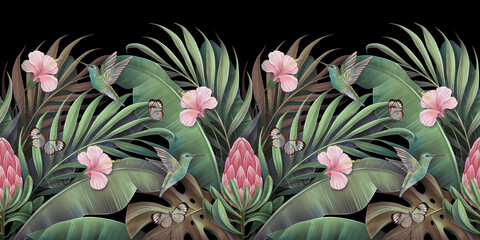 Tropical green banana leaves, palm, exotic flowers, birds on dark background. Seamless border. Glamorous pattern. Hand-painted 3D illustration. Floral foliage, jungle. Luxury wallpaper, cloth, mural