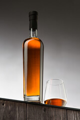 Whiskey, cognac, brandy, bourbon, rum, scotch. Strong alcohol drink close-up..