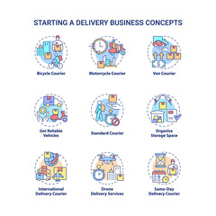 Starting delivery business concept icons set. Shipping service idea thin line color illustrations. Isolated outline drawings. Editable stroke. Roboto-Medium, Myriad Pro-Bold fonts used