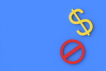 Financial sanctions. Confiscation of money. Bank account arrest. Ban on money transfers. Illegal income. Freezed transaction. Dollar symbol near prohibition sign. Copy space. 3d render
