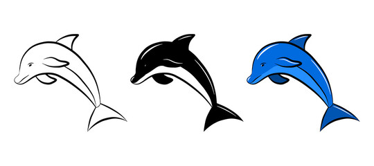 Dolphin fish vector icon set. Isolated graphic logo design element. Aquatic sea wildlife animal. Doodle monochrome drawing template. Outline sketch sticker. Colouring page for kids cute ocean habitant