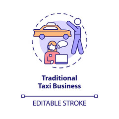 Traditional taxi business concept icon. Standart transportation abstract idea thin line illustration. Isolated outline drawing. Editable stroke. Roboto-Medium, Myriad Pro-Bold fonts used
