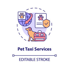 Pet taxi services concept icon. Transport animals. Starting delivery business abstract idea thin line illustration. Isolated outline drawing. Editable stroke. Roboto-Medium, Myriad Pro-Bold fonts used