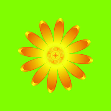 The chamomile flower. Single flower orange calendula made of simple geometric shapes on a green background, icon, vector