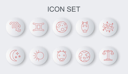 Set line Libra zodiac, Moon and stars, Planet Mars, Earth, Virgo, Gemini, Eclipse of the sun and Ox icon. Vector