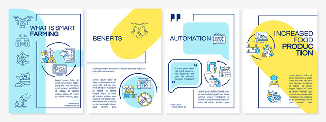Fototapeta na wymiar Smart agriculture blue and yellow brochure template. Food production. Booklet print design with linear icons. Vector layouts for presentation, annual reports, ads. Questrial, Lato-Regular fonts used