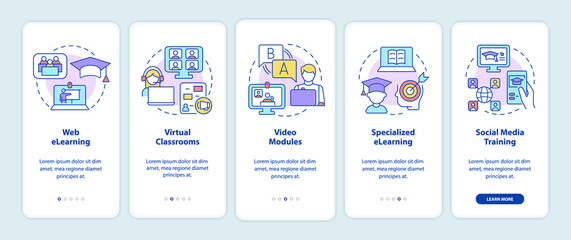 Elearning types onboarding mobile app screen. Online education walkthrough 5 steps graphic instructions pages with linear concepts. UI, UX, GUI template. Myriad Pro-Bold, Regular fonts used