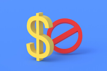 Financial sanctions. Confiscation of money. Bank account arrest. Ban on money transfers. Illegal income. Freezed transaction. Dollar symbol near prohibition sign. 3d render