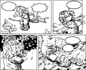 Little witch and her cat  fly against a tree	