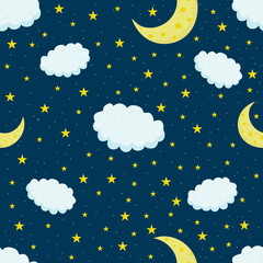 Seamless pattern with blue sky background, moon, stars n cartoon flat style. Goodnight. Endless texture for fabric