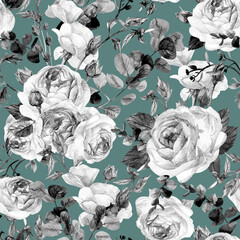 Seamless black and white botanical pattern with graceful rose flowers in vintage style on emerald background for summer feminine textiles and surface design