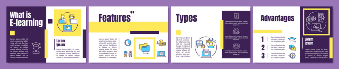 What is elearning purple and yellow brochure template. Online studying. Booklet print design with linear icons. Vector layouts for presentation, annual reports, ads. Anton, Lato-Regular fonts used