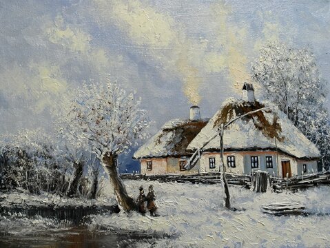 Oil paintings rural landscape, fine art, old village. Winter landscape, artwork