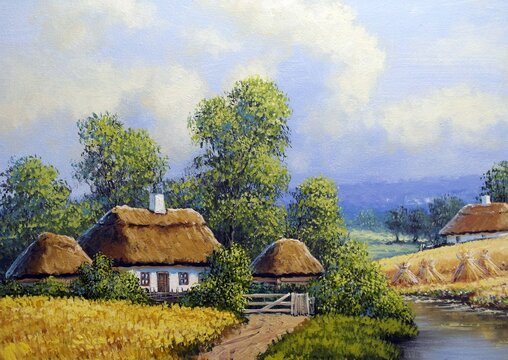 Oil paintings rural landscape, fine art, old village. Summer  landscape, artwork. Landscape in the countryside