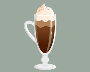 Creamy Irish coffee in a glass cup with foam.Vector illustration for menus,coffee shops.websites.
