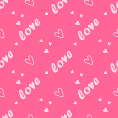 Pink Seamless pattern with text love and hearts