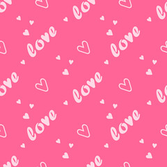 Pink Seamless pattern with text love and hearts