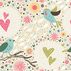 Cute background with a romantic print: birds, hearts, flowers.