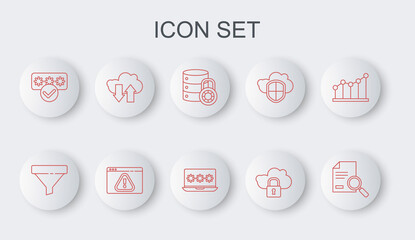 Set line Document with search, Sales funnel, Server security lock, Cloud computing, Password protection, download and upload, Browser exclamation mark and Laptop password icon. Vector