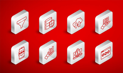 Set line Password protection, Server with shield, Cloud download and upload, Server, Data, Web Hosting, Laptop exclamation mark, Sales funnel, Pie chart infographic and Mobile password icon. Vector