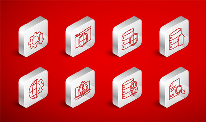 Set line Document with search, Browser shield, Server, Server, Data, Web Hosting, security lock, Cost reduction, Laptop exclamation mark and Globe of the Earth and gear icon. Vector