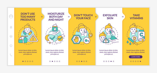 Fototapeta na wymiar Skincare tips yellow onboarding template. Healthy skin routine. Responsive mobile website with linear concept icons. Web page walkthrough 5 step screens. Lato-Bold, Regular fonts used