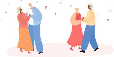 Elderly couples of different nationalities dance together. Active lifestyle for elderly couples