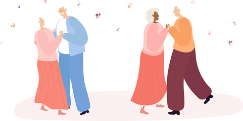 Elderly couples of different nationalities dance together. Active lifestyle for elderly couples