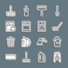 Set line Wet floor and cleaning in progress, Bucket with rag, Brush for, Rubber cleaner windows, Kitchen dishwasher machine, Mop and Cleaning service icon. Vector