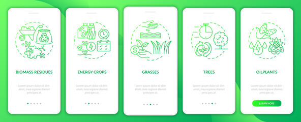 Biomass resources on farm green gradient onboarding mobile app screen. Walkthrough 5 steps graphic instructions pages with linear concepts. UI, UX, GUI template. Myriad Pro-Bold, Regular fonts used