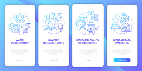 Smart agriculture benefits blue gradient onboarding mobile app screen. Walkthrough 4 steps graphic instructions pages with linear concepts. UI, UX, GUI template. Myriad Pro-Bold, Regular fonts used